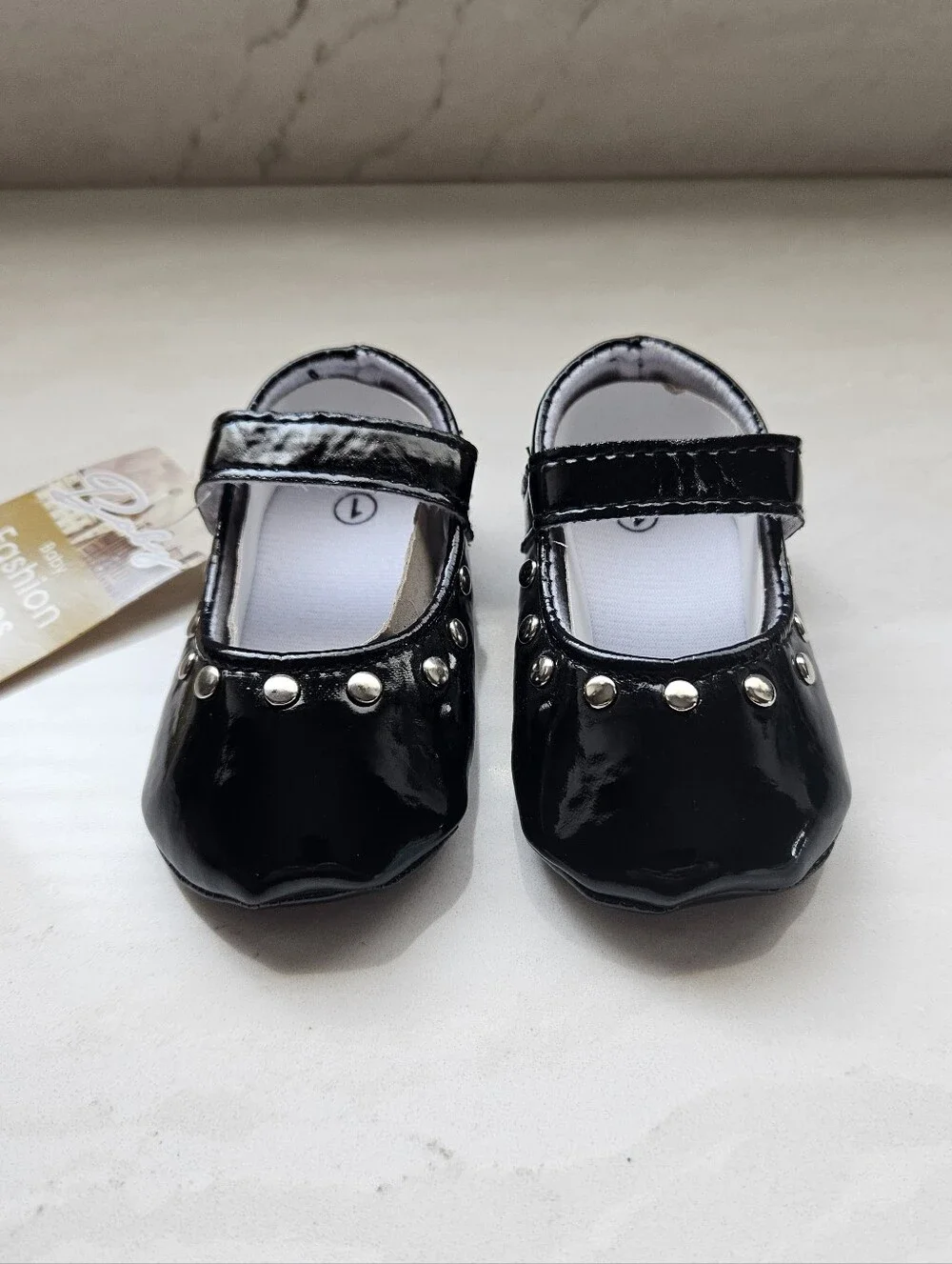 Black Patent Mary Jane Baby Shoes with Stud Detail Size 0-6M